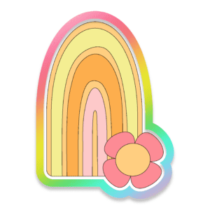 Image of an orange yellow and pink rainbow with a daisy at the bottom.