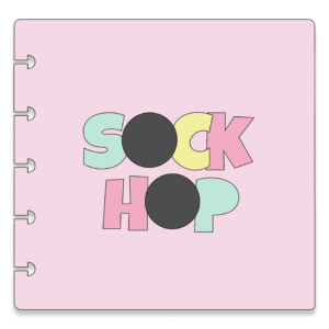 A pink stencil with sock hop on it in pastel colors.