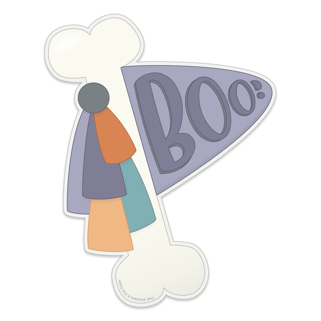 Clipart of a bone holding a purple pennant that says BOO in darker purple with purple, yellow, orange and green tassels handing on the left.