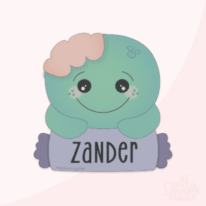 A graphic image of a candy zombie plaque on a pink background.