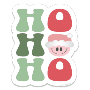 Clipart image of a cookie cutter design that says ho ho ho in green and red with the middle o a smiley face with Santa hat on.
