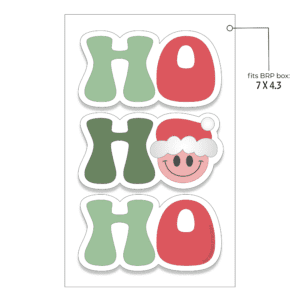 Clipart image of Ho Ho Ho in a groovy font stacked on top of each other. The middle o is a smiley face with a Santa hat on.