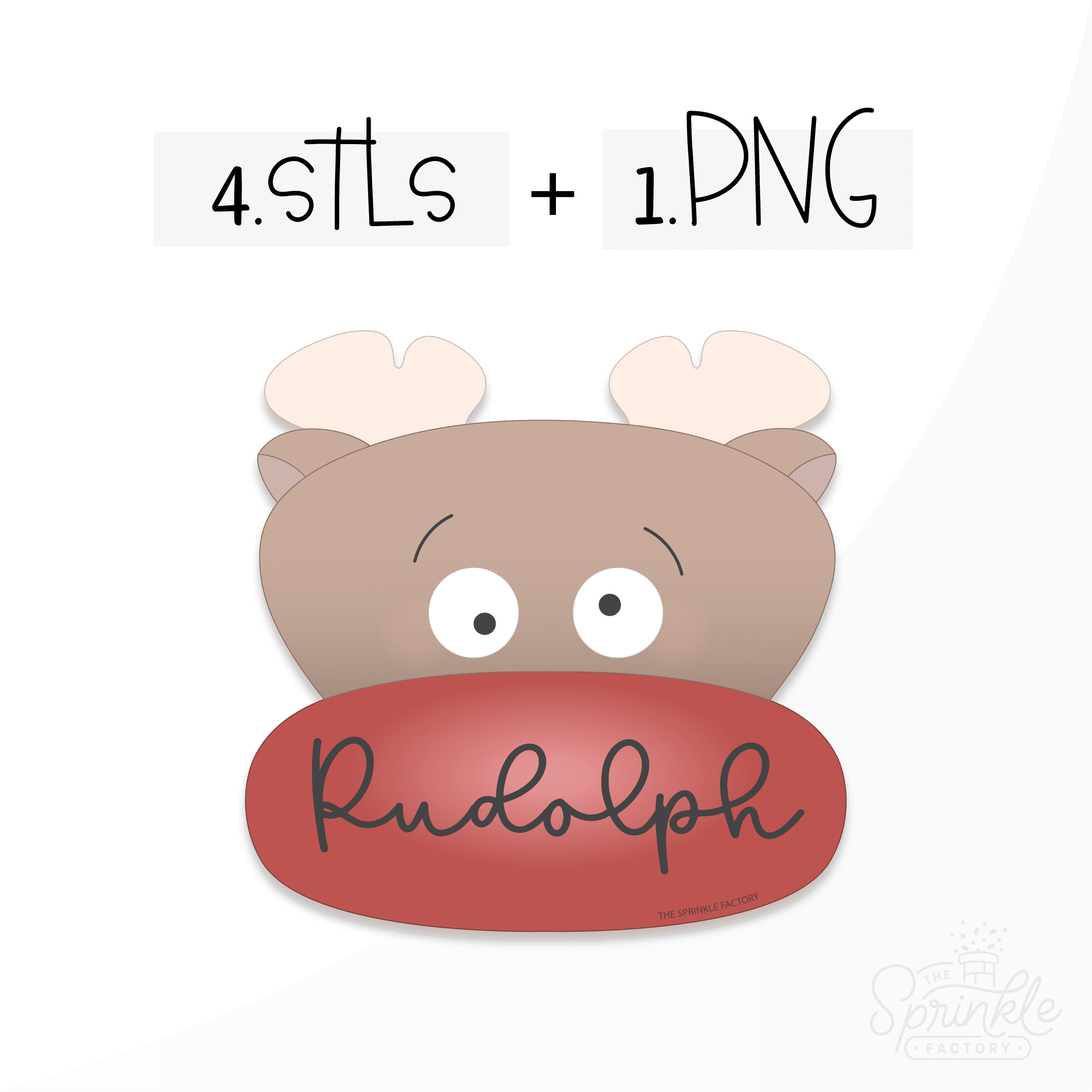 Clipart image of Rudolph with silly eyes and a large wide red nose with the word Rudolph on the nose.