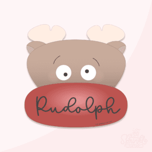 Clipart image of Rudolph with silly eyes and a large wide red nose with the word Rudolph on the nose.