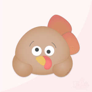 Clipart image of a turkey with a silly face and two orange and red ombre feathers at his back right side.
