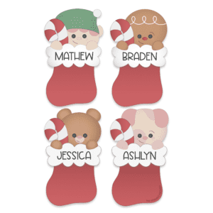 Clipart image of an elf, gingerbread, teddy bear, and puppy in four different Christmas stockings.