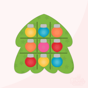 Clipart image of a green Christmas tree with a tic tac toe set on it, the pieces are colored bulbs and lights.