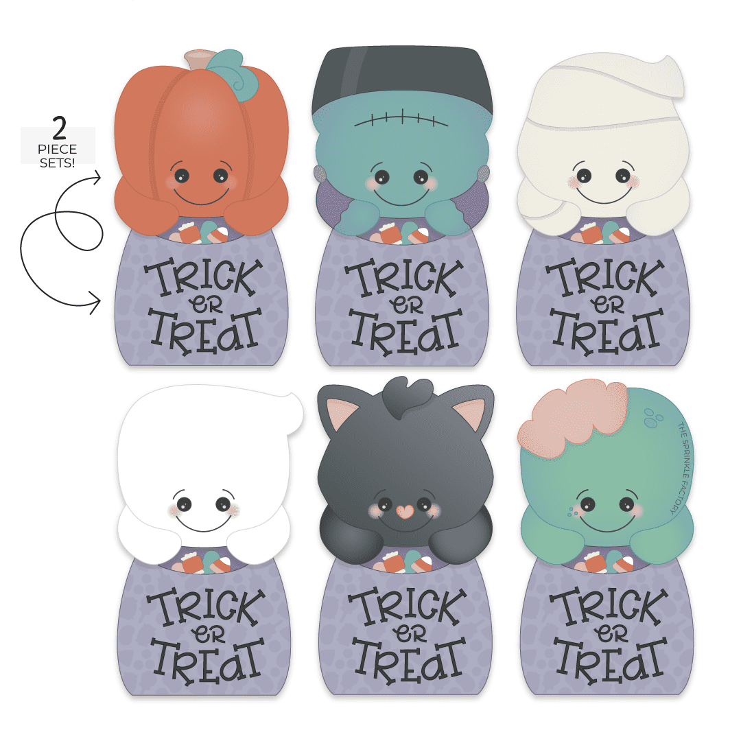 Digital image of a pumpkin, ghost, frankenstein, cat, mummy and zombie holding a grey trick or treat bag with Trick Or Treat on it in black lettering.