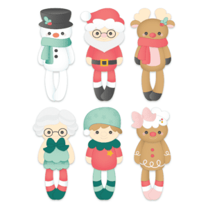 Clipart image of six Christmas dolls in two rows. On the top row a snowman, Santa, and Rudolph. On the bottom row Mrs. Claus, elf, and gingerbread.
