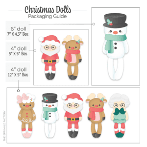 Clipart image of many different Christmas dolls with different size packaging options listed.