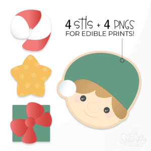 Clipart image of an elf, a candy cane, a present, and a star stacked on top of each other.