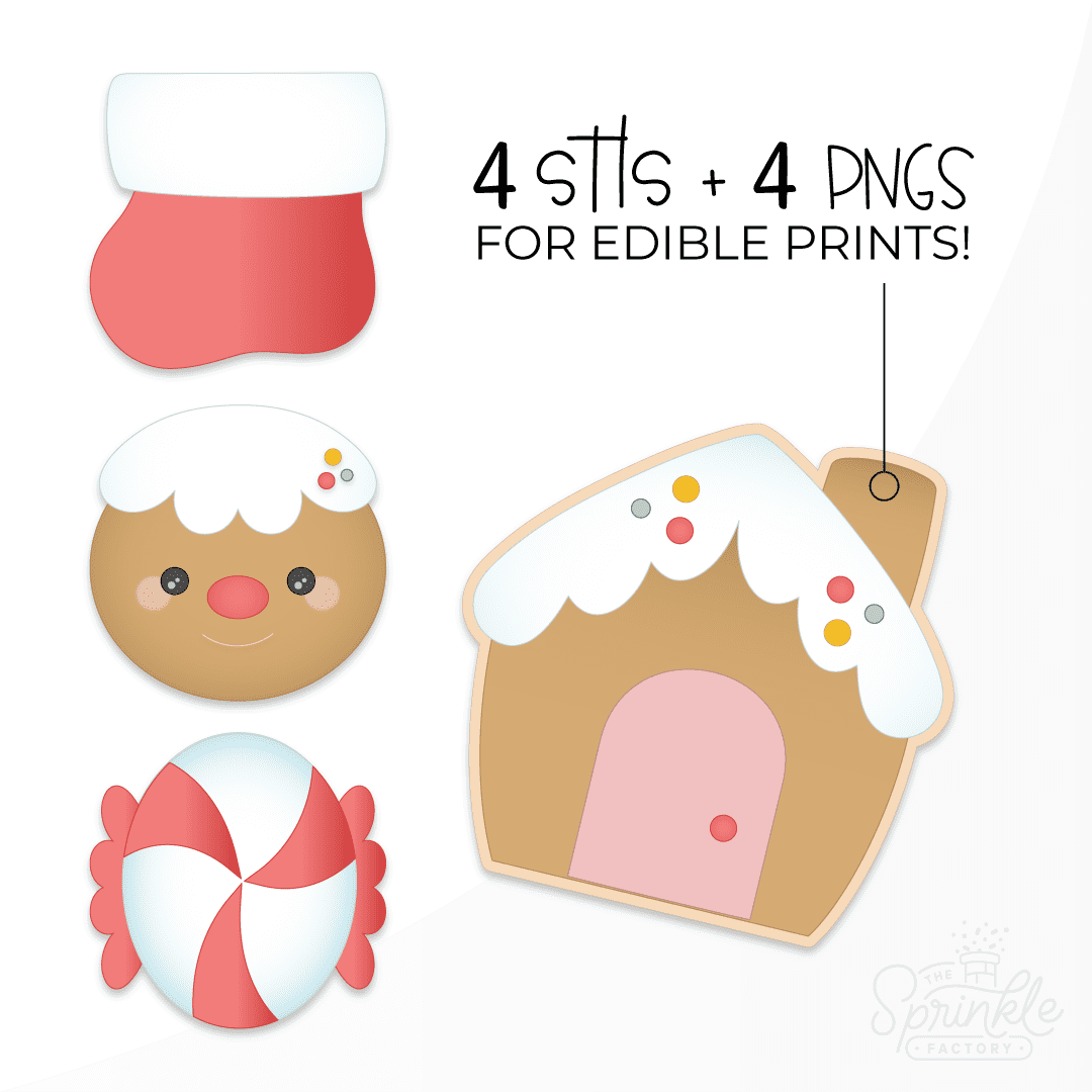 Clipart image of a gingerbread face, stocking, gingerbread house, and a peppermint stacked on top of each other.