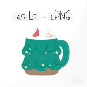 Clipart of a mug shaped like a christmas tree with a brown bottom, colourful sprinkes, black swirls, whipped topping and a red straw.