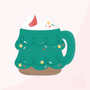 Clipart of a mug shaped like a christmas tree with a brown bottom, colourful sprinkes, black swirls, whipped topping and a red straw.
