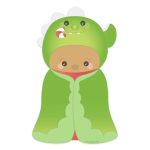 Clipart of a kid dressed up in a cozy green parka with a dinosaur hat and candy cane.