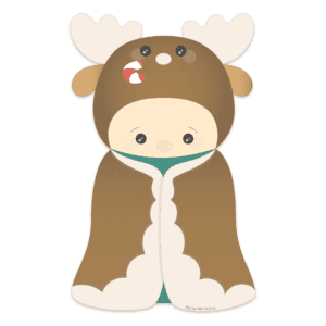 Clipart of a child dressed in a cozy brown parka with white ruffle wearing a moose hat with candy cane.