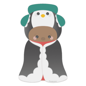 Clipart of a child dressed in a black parka with a white ruffle and a penguin hat with green wings and hat.
