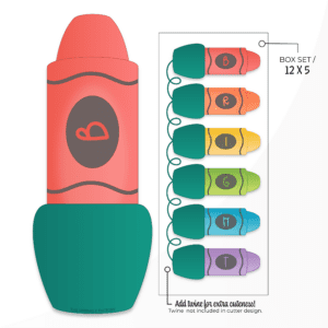 Clipart image of a red crayon turned into a Christmas Light . On the right there is a rectangle with a rainbow of the same lights but smaller stacked.