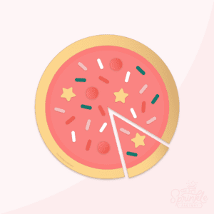 Clipart image of a pizza with a slice taken out. Instead of typical pizza toppings there are sprinkles.