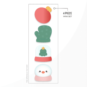 Clipart image of an ornament, mitten, snow globe, and snowman face stacked on top of each other.