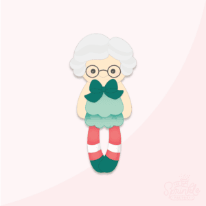 Clipart image of a Mrs. Claus doll wearing a green dress with a dark green bow and striped leggings.