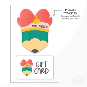 Clipart image of a green pencil that says Mrs. Miller int the eraser with a green bow on top with a gold ornament hanger in a box with a gift card below.