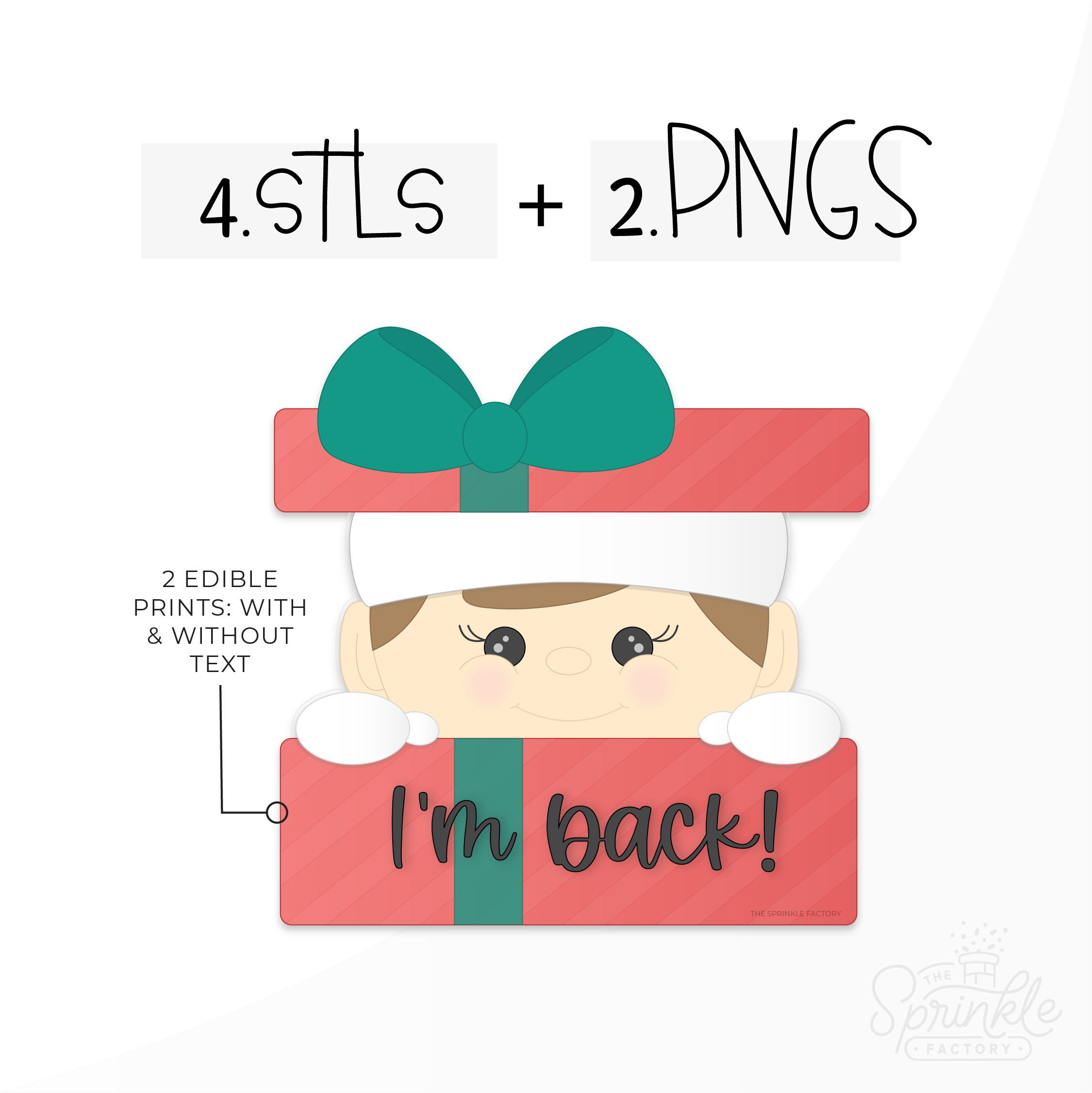Clipart of an elf peaking out of a red present with a green ribbon with the box top on his head with a green bow.