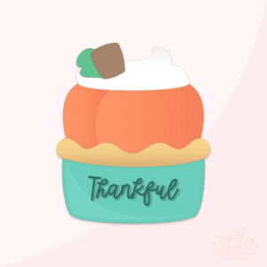 Clipart of a pumpkin with whipped cream on top of it sitting in pie crust in a green pie plate that says thankful.