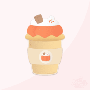 Clipart of a beige tall take out coffee cup with a band across the centre with a white circle and pumpkin on it. The top of the cup has pie crust with a pumpkin sitting on it with whipped cream and orange sprinkles.