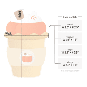 Clipart of a beige tall take out coffee cup with a band across the centre with a white circle and pumpkin on it. The top of the cup has pie crust with a pumpkin sitting on it with whipped cream and orange sprinkles and size guide to the right of the frappe.