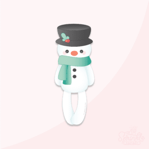 Clipart image of a snowman doll wearing a black hat and a mint green scarf.
