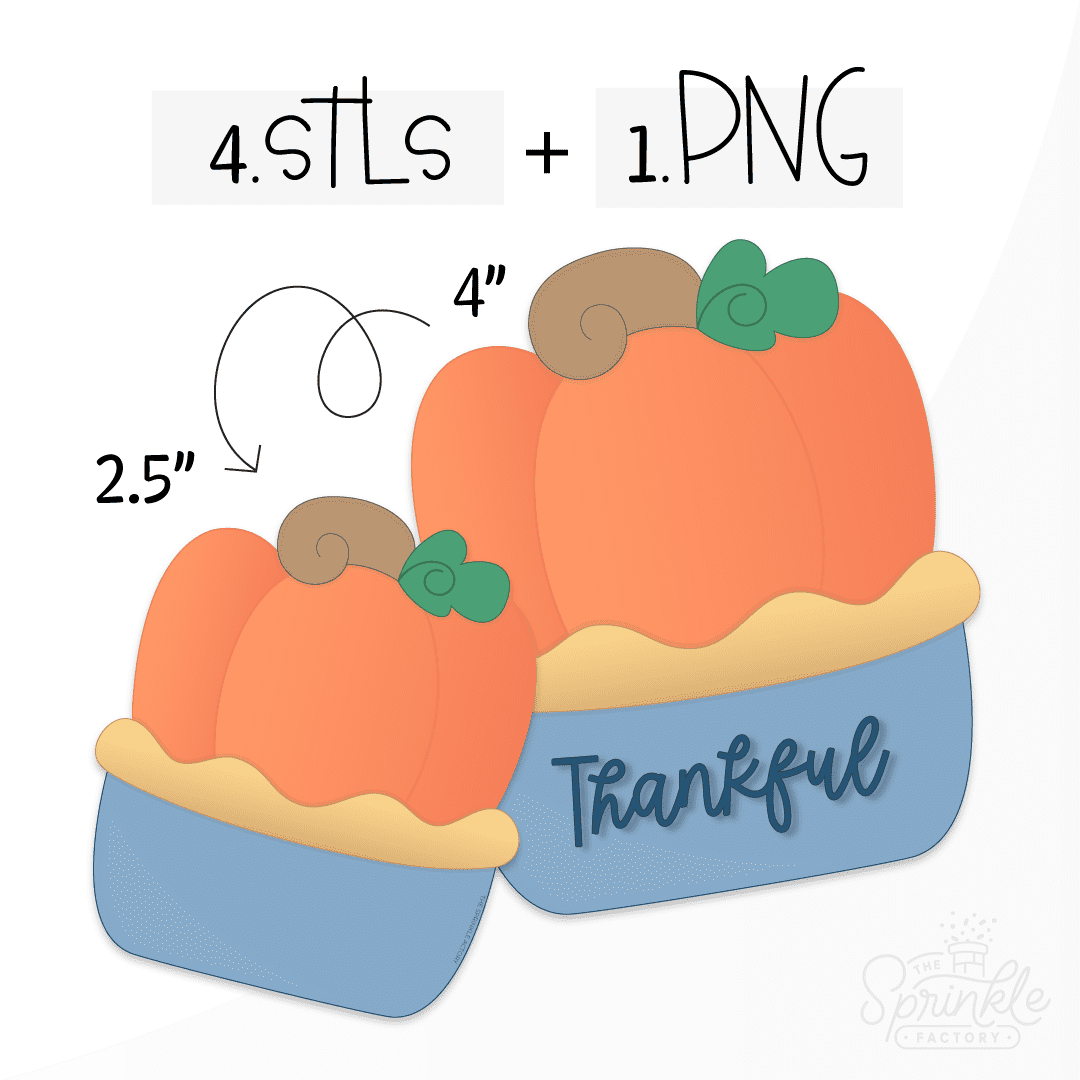 Clipart of a blue pie plate that says thankful with a large orange pumpkin sitting on top of the crust.
