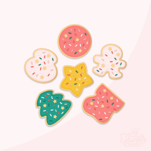 Image of 6 Christmas cookies with icing and sprinkles. There is a circle, snowman, gingerbread man, tree, star, and stocking.