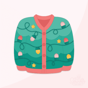 Clipart of a ombre green christmas sweater with red buttons and christmas lights on strings.