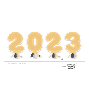Clipart of gold balloons shaped like 2023 with black, silver and gold tassels in a rectangle box.