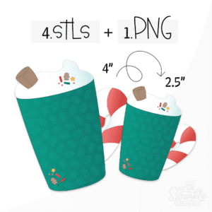 Clipart of a tall green mug with a green gingerbread print on it with a red and white stripped candy cane handle filled with white whipped topping a brown cinnamon stick and sprinkles.