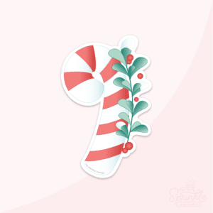 Clipart of red and white stripped candy cane facing left with green mistletoe with red berries and snow covered tips on the right side of the candy cane.