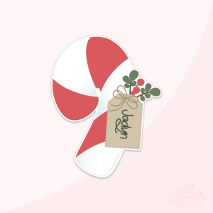 Clipart of large red and white candy cane with large strips and a brown tag with twine bow with Jadyn written on it with greenery and red berries.