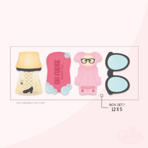 Clipart of images based on A Christmas Story. Set includes a yellow leg lamp with black tassels and black shoes, a red bar of soap with blue bubbles, a kid in a pink bunny costume with black glasses and large black glasses with blue lenses.