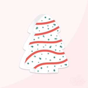 Clipart of a white christmas tree shaped snack cake with green sprinkles and red stripes.
