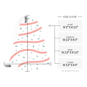 Clipart of a white christmas tree shaped snack cake with green sprinkles and red stripes and size guide to the right.