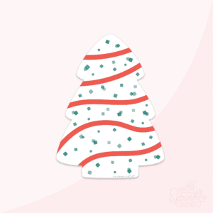 Clipart of a white christmas tree shaped snack cake with green sprinkles and red stripes.