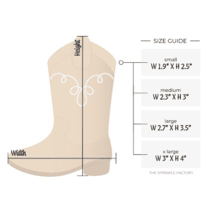 Clipart of a light brown cowboy boot with toe facing left with white swirl detail at the top and size guide.