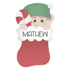 Red stocking with white trim with elf head wearing green holding a candy cane sticking out the top with the name Matjew on the white trim in black lettering.