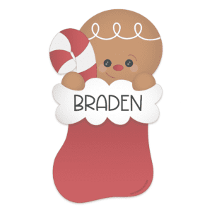 Red stocking with white trim with brown gingerbread head holding a candy cane sticking out the top with the name Braden on the white trim in black lettering.