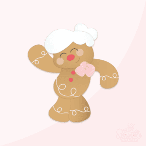 Clipart of a brown gingerbread girl waving with white details and red buttons. She has white hair in a bun.