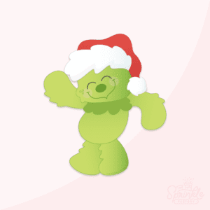 Clipart of a green Grinch standing waving one hand wearing a red santa hat with white brim and pompom.