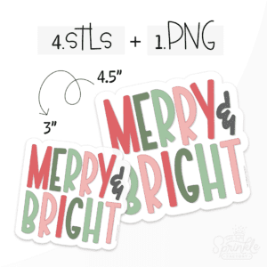 Clipart of MERRY & BRIGHT in capital letters in rotating red, green, light green and pink with the & in black.