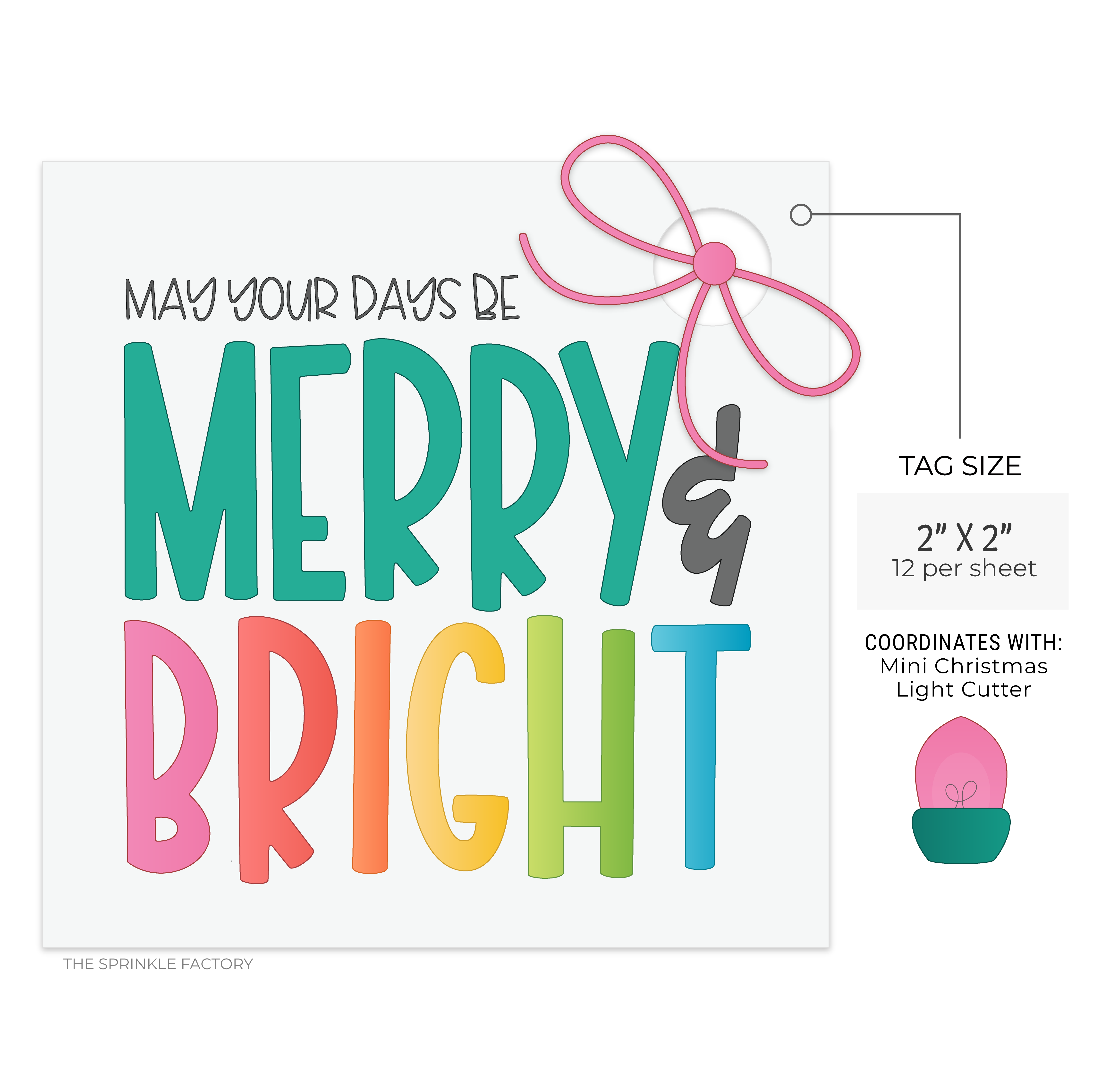 Image of a digital tag with the words may your days be merry and bright on it with a pink bow.