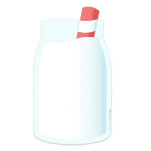 Clipart of a blue glass milk bottle with white milk and a red and white stripped straw sticking out of the top leaning to the right.